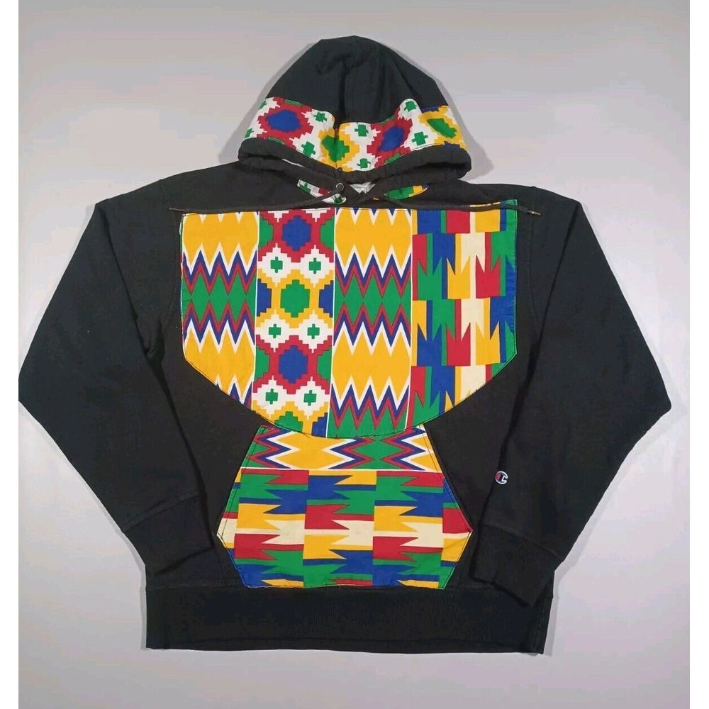 Champion Hoodie Mens L Black Pullover Customized Fabric Print - Picture 1 of 4